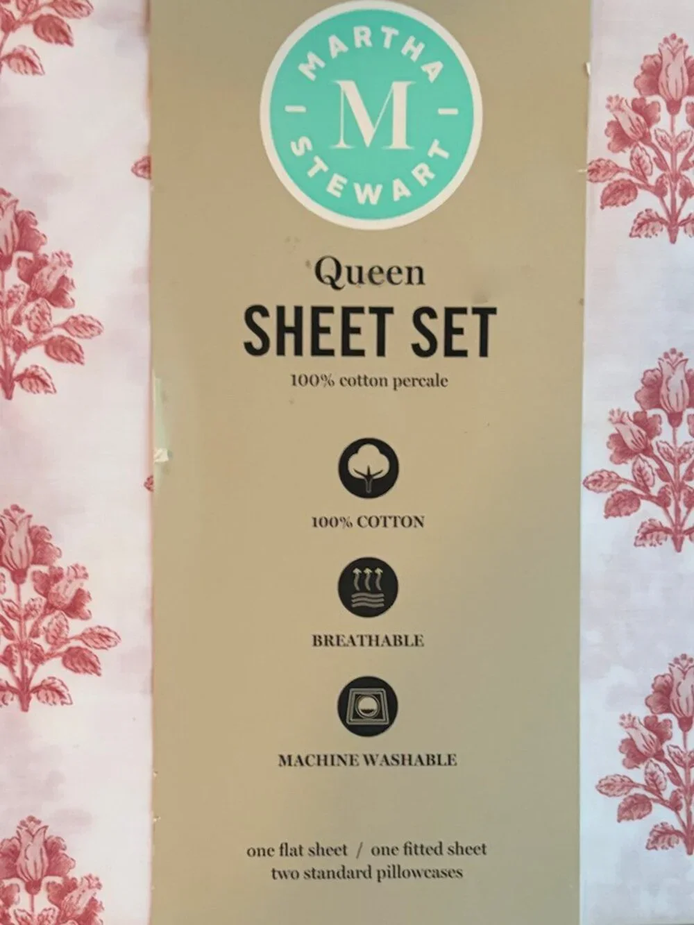 Martha Stewart QUEEN Size DARCY PINK FLORAL 100% Cotton Percale Sheet Set